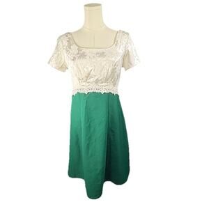 Vintage Von Bramlett Green Satin A-line Lace Trim Dress
